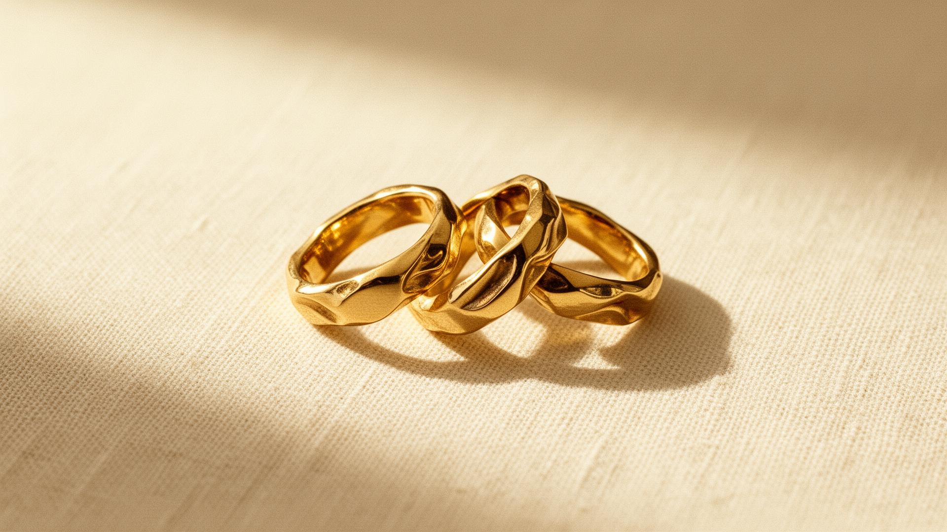 Sculpted gold-polished imitation rings on cream linen