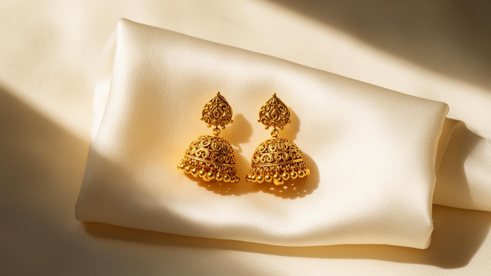Gold-polished jhumka imitation studs on ivory silk